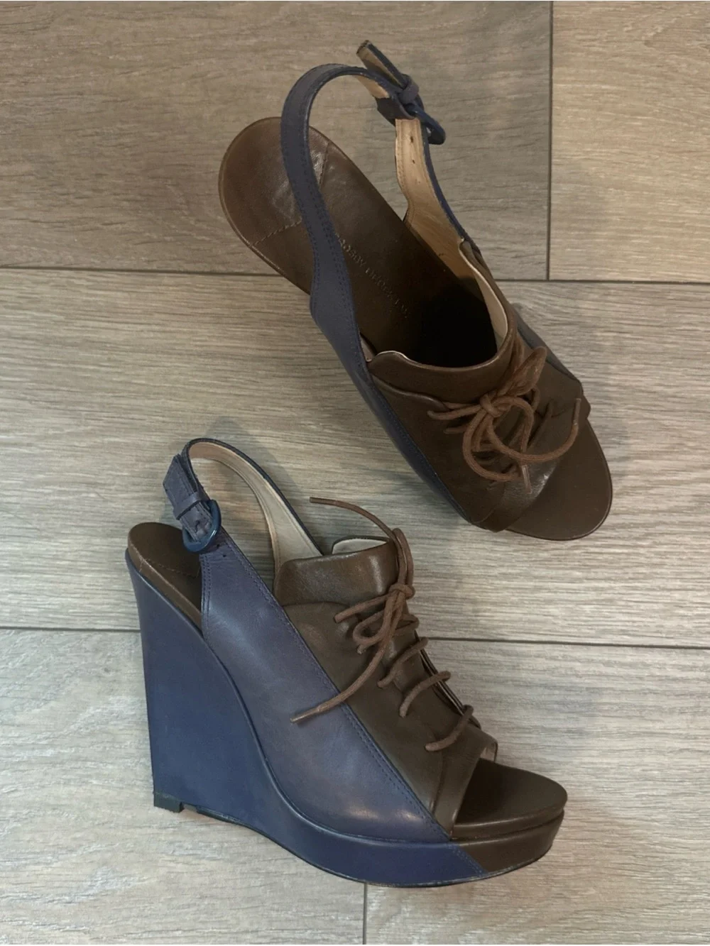 Womens 10 Crosby Derek Lam Size 8.5 Blue Brown Leather Slingback Wedge Sandals